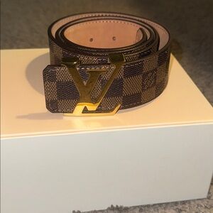 Louis Vuitton Brown Checkered Belt with Gold Buckle